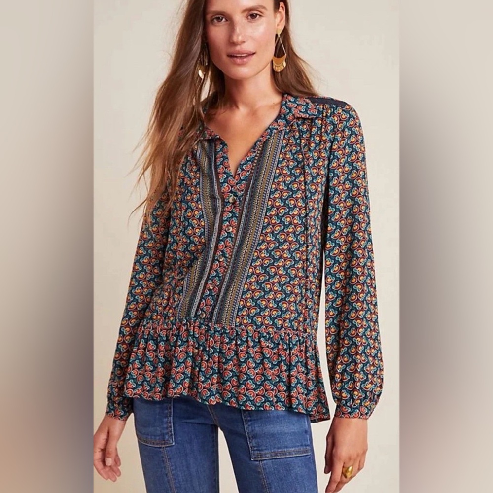 MAEVE ANTHROPOLOGIE Size 10 Janie Flounced Blouse Floral Boho Peasant Colorful